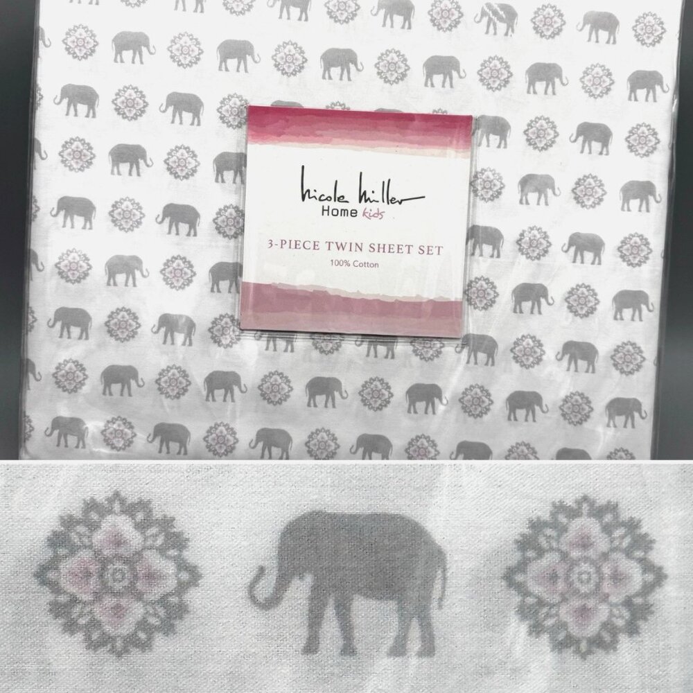 Nicole Miller Kids Moroccan Elephant TWIN Medallion Sheet Set Pink Gray Cotton